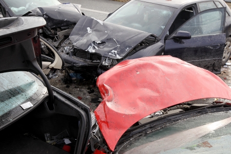 THESSALONIKI,GREECE - JAN,22: 28 vehicle pile-up on the Egnatia motorway in Kleidi after the crash that occurred early today due to fog on 22 January, 2013. One woman died and 26 others where injuredのeditorial素材