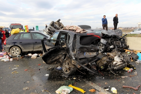 THESSALONIKI,GREECE - JAN,22: 28 vehicle pile-up on the Egnatia motorway in Kleidi after the crash that occurred early today due to fog on 22 January, 2013. One woman died and 26 others where injuredのeditorial素材