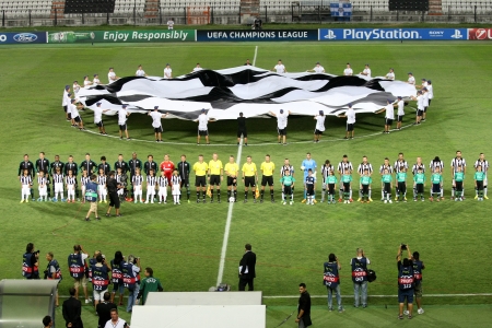 THESSALONIKI, GREECE - AUG 27   Front view of the teams during the Champions League Anthem before the Champions League play-off match PAOK vs Schalke on Aug 27, 2013 in Thessaloniki, Greeceのeditorial素材