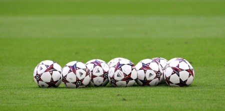 GELSENKIRCHEN, GERMANY -AUG 21: Adidas Champions League football balls in the field before the match Schalke vs PAOK on Aug 21,2013 in Gelsenkirchen, Germany.のeditorial素材