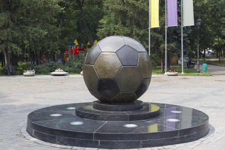 KHARKIV, UKRAINE AUG 7   Soccer ball sculpture outside the Donbass Arena, Shakhtar Donetskのeditorial素材