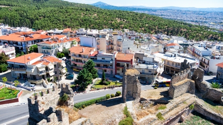 Aerial panoramic view of the old Byzantine Castle in the city of Thessaloniki, Greece の写真素材