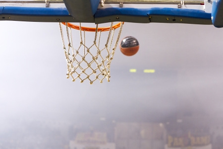 THESSALONIKI, GREECE - OCT 19 : A basketball falls through the net during the Greek Basket League game Aris vs Paok in Alexandreio Melathron on October 19, 2013 Thessaloniki, Greece.のeditorial素材