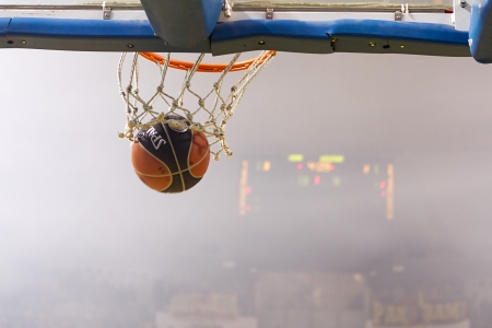 THESSALONIKI, GREECE - OCT 19 : A basketball falls through the net during the Greek Basket League game Aris vs Paok in Alexandreio Melathron on October 19, 2013 Thessaloniki, Greece.のeditorial素材