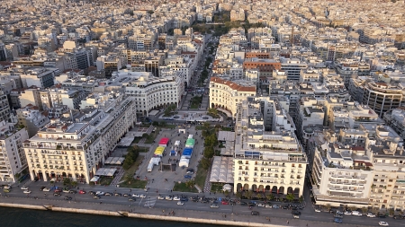 Aerial panoramic view of Thessaloniki shortly before sunset, Greeceのeditorial素材