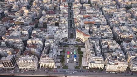 Aerial panoramic view of Thessaloniki shortly before sunset, Greeceのeditorial素材