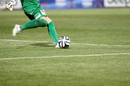 XANTHI, GREECE - JAN 5 : Goalkeeper shooting the ball during the Greek Superleague game Skoda Xanthi vs Paok on January 5, 2014, Xanthi Greece.のeditorial素材
