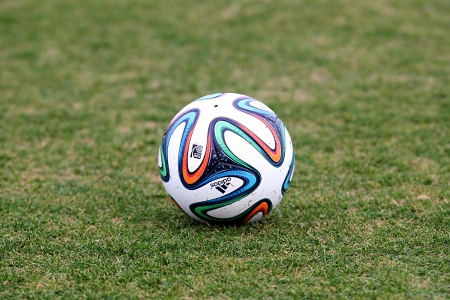 THESSALONIKI, GREECE - Jan 5 : Greek Superleague Brazuca (Mundial) ball on the field during the training of PAOK on January 5, 2014 in Thessaloniki, Greece.のeditorial素材