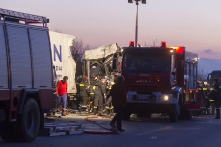 THESSALONIKI,GREECE - JAN,07: A truck hit a bus which was carrying many passengers on the Egnatia...