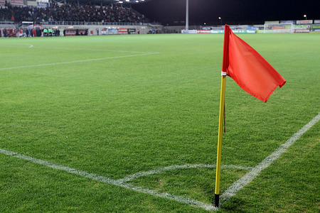 CHANIA, GREECE - FEB 2 : Red corner flag and view of the full stadium during the Greek Superleague game Platanias vs Paok on February 2, 2014.のeditorial素材