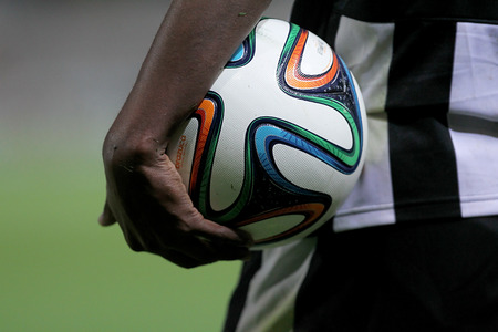 CHANIA, GREECE - FEB 2 : Close up on hand holding the Brazuca ball during the Greek Superleague game Platanias vs Paok on February 2, 2014.のeditorial素材