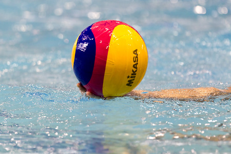 THESSALONIKI, GREECE MAR 5, 2014 : Close-up on a hand holding the water polo ball during the game PAOK vs Nereas on March 5, 2014.のeditorial素材
