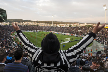 THESSALONIKI, GREECE APRIL 16, 2014 : View of the Toumba Stadium full of fans and supporters of PAOK  during the Greek Cup Semi Final match PAOK vs Olympiacosのeditorial素材