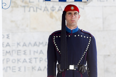 ATHENS, GREECE - APRIL 2, 2014: The Changing of the Guard ceremony takes place in front of the Greek Parliament Building のeditorial素材