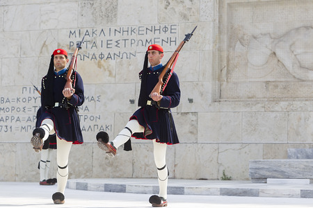ATHENS, GREECE - APRIL 2, 2014: The Changing of the Guard ceremony takes place in front of the Greek Parliament Building のeditorial素材