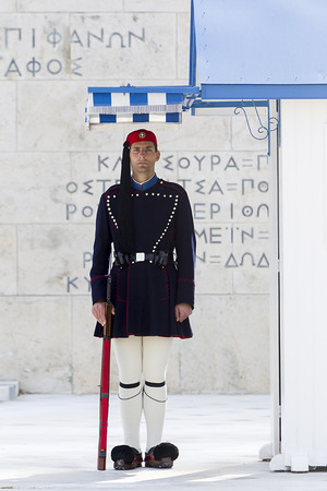 ATHENS, GREECE - APRIL 2, 2014: The Changing of the Guard ceremony takes place in front of the Greek Parliament Building のeditorial素材