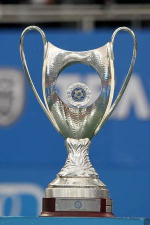 ATHENS, GREECE APRIL 26, 2014 : Close-up of the Greek Cup standing during the Greek Cup Final match Paok vs Panathinaikosのeditorial素材