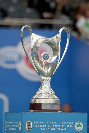ATHENS, GREECE APRIL 26, 2014 : Close-up of the Greek Cup standing during the Greek Cup Final match Paok vs Panathinaikosのeditorial素材