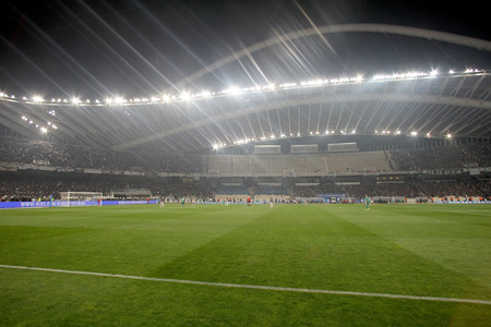 ATHENS, GREECE APRIL 26, 2014 : Wide view of the game and the stadium during the Greek Cup Final match Paok vs Panathinaikosのeditorial素材