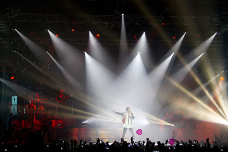 THESSALONIKI, GREECE, MAY 8 2014: Sakis Rouvas performing live on stage for the Ace of Heart tour at Sports arena in Thessaloniki.のeditorial素材