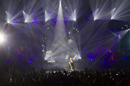 THESSALONIKI, GREECE, MAY 8 2014: Sakis Rouvas engaging with the fans on stage for the Ace of Heart...