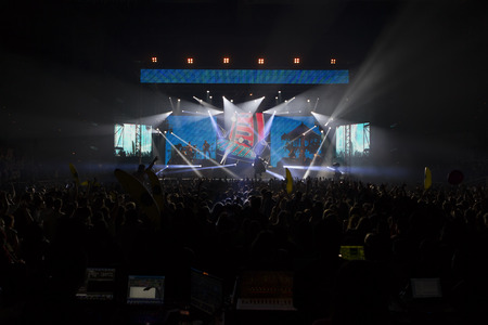 THESSALONIKI, GREECE, MAY 8 2014: Sakis Rouvas performing live on stage for the Ace of Heart tour at Sports arena in Thessaloniki.のeditorial素材