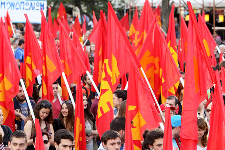 THESSALONIKI, GREECE- MAY 20, 2014: Pre-election concentration of Communist Party of Greece (KKE) at Aristotelous square in Thessaloniki, Greece.のeditorial素材
