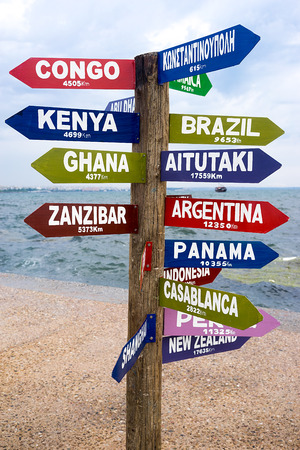 World financial capitals directions signs post over blue sky の写真素材