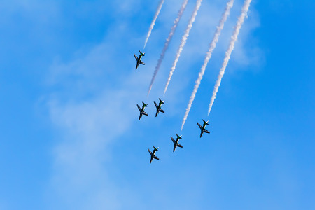 KAVALA, GREECE- JUNE 21, 2014: Flying display and aerobatic show of Saudi Hawks Display Team in...