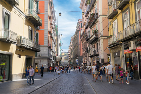 NAPLES, ITALY- AUGUST 3, 2014: Street view of Naples, Italy. Naples historic city centre is the largest in Europe, and is listed by UNESCO as a World Heritage Site.のeditorial素材