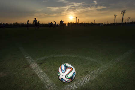 THESSALONIKI, GREECE  AUGUST 26, 2014: Greek Superleague Brazuca (Mundial) ball on the field during the training of PAOK in Thessaloniki, Greece.のeditorial素材