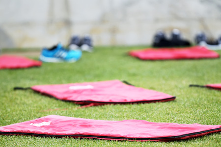 THESSALONIKI, GREECE  JUNE 30, 2014: Mattresses on the field during the training of PAOK in Thessaloniki, Greece.のeditorial素材