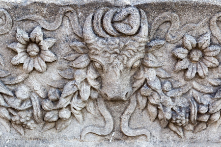 THESSALONIKI, GREECE- SEPTEMBER 12, 2014: The parts of the funerary monuments with inscriptions, pediments or relief representations in Archaeological Museum of Thessaloniki, Greece. のeditorial素材