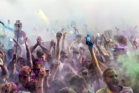 THESSALONIKI, GREECE- SEPTEMBER 14, 2014: Participants at the 3rd Colors day in Thessaloniki, Greece. A recreation of the famous Holi festival celebrated in India, took place in Thessaloniki Greece.のeditorial素材