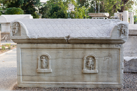 THESSALONIKI, GREECE- SEPTEMBER 12, 2014: The parts of the funerary monuments with inscriptions, pediments or relief representations in Archaeological Museum of Thessaloniki, Greece. のeditorial素材
