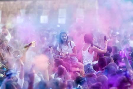 THESSALONIKI, GREECE- SEPTEMBER 14, 2014: Participants at the 3rd Colors day in Thessaloniki, Greece. A recreation of the famous Holi festival celebrated in India, took place in Thessaloniki Greece.のeditorial素材