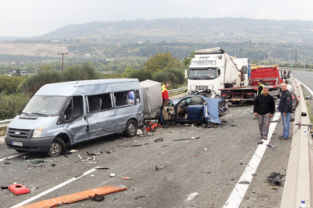 VERIA, GREECE - OCTOBER, 5, 2014:A large truck crashed into a number of cars and 4 people were killed and many were injured in a multi-vehicle collision that occurred on Egnatia Odos.
のeditorial素材