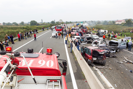 VERIA, GREECE - OCTOBER, 5, 2014:A large truck crashed into a number of cars and 4 people were...