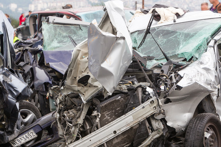 VERIA, GREECE - OCTOBER, 5, 2014:A large truck crashed into a number of cars and 4 people were killed and many were injured in a multi-vehicle collision that occurred on Egnatia Odos.のeditorial素材