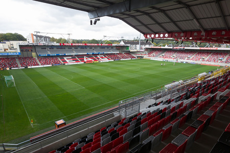 GUINGAMP, FRANCE - OCT 1, 2014 : Interior view of the empty Stade du Roudourou before the UEFA Europa League match EA Guingamp vs Paok.のeditorial素材