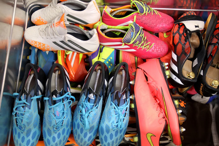 GUINGAMP, FRANCE - OCT 1, 2014 : Football shoes in the box before the UEFA Europa League match EA Guingamp vs Paok.のeditorial素材