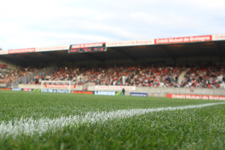 GUINGAMP, FRANCE - OCT 1, 2014 : General view of the Stade du Roudourou during the UEFA Europa League match EA Guingamp vs Paok. Focus on the field lines.のeditorial素材