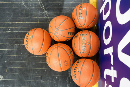 THESSALONIKI, GREECE - NOV 12, 2014: Basketball balls stacked prior to the Eurocup game Paok vs Buducnostのeditorial素材
