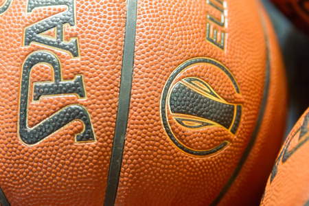THESSALONIKI, GREECE - NOV 12, 2014: Basketball balls stacked prior to the Eurocup game Paok vs Buducnostのeditorial素材