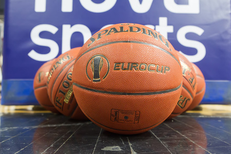 THESSALONIKI, GREECE - NOV 12, 2014: Basketball balls stacked prior to the Eurocup game Paok vs Buducnostのeditorial素材