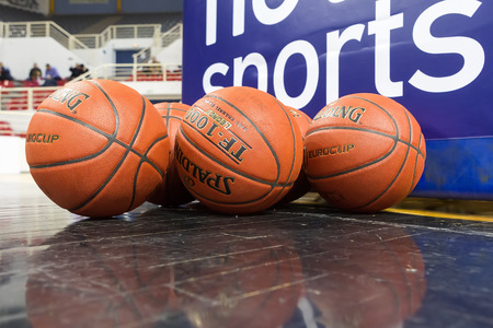 THESSALONIKI, GREECE - NOV 12, 2014: Basketball balls stacked prior to the Eurocup game Paok vs Buducnostのeditorial素材
