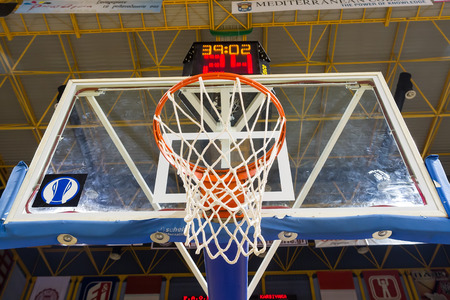 THESSALONIKI, GREECE - NOV 12, 2014: Basketball net as seen from low angle prior to the Eurocup game Paok vs Buducnostのeditorial素材