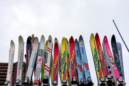 FALAKRO; GREECE - FEBRUARY 4; 2013: Ski equipment at Falakro ski center; in Greece. Visitors can rent or buy the equipment.のeditorial素材