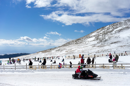 KAIMAKTSALAN, GREECE - FEBRUARY 13, 2014: Skiers enjoy the snow at Kaimaktsalan ski center, in Greece. Recently at the ski center every lift has its automatic ticketing system.のeditorial素材