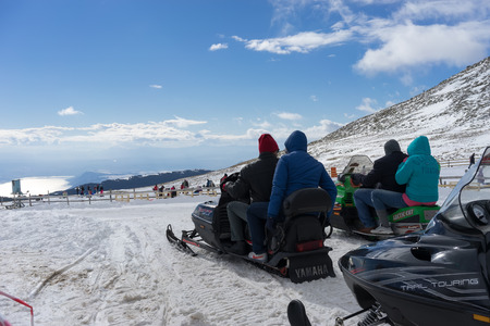 KAIMAKTSALAN, GREECE - FEBRUARY 13, 2014: Skiers enjoy the snow at Kaimaktsalan ski center, in Greece. Recently at the ski center every lift has its automatic ticketing system.のeditorial素材